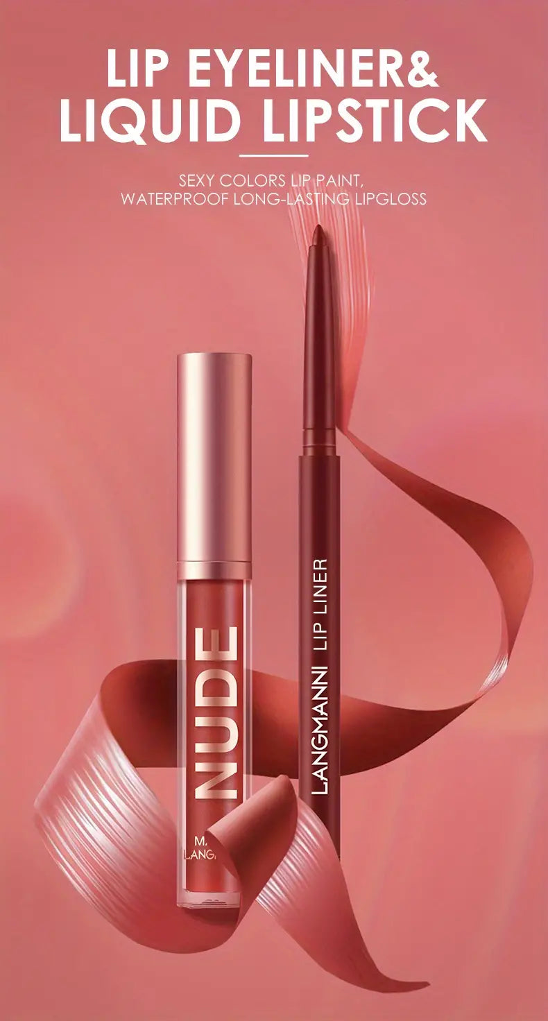 LANGMANNI 2Pcs Long-Lasting Lip Gloss & Liner Set